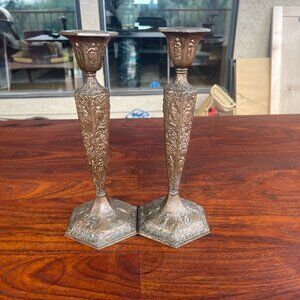 Vintage Pair Jennings Brothers Dutch Farming Scene Metal Candlesticks 11”